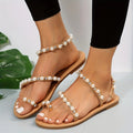 Women's Faux Pearl Flat Sandals, Stylish Rhinestone Toe Loop Slip On Shoes, Outdoor Beach Non Slip Sandals Lady T Fashions