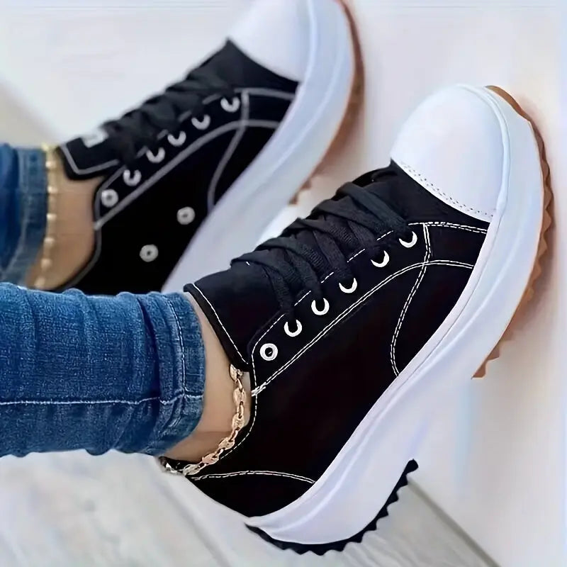 Women's Chunky Canvas Shoes, Non Slip Lace Up Casual Sneakers, Thick Sole Running Sports Shoes Lady T Fashions