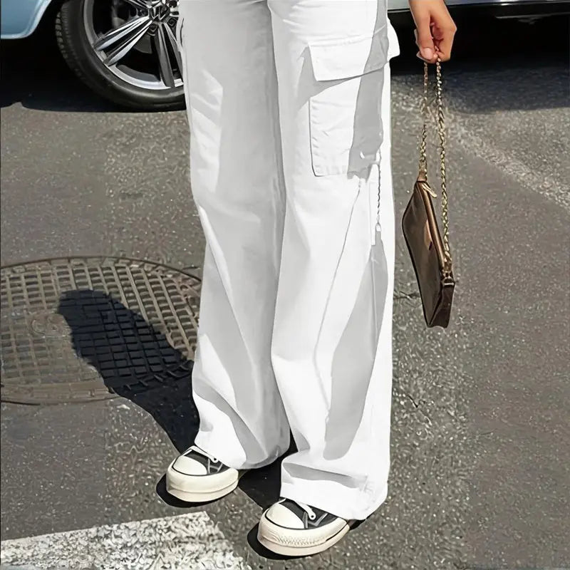 Women's Solid Color Wide Leg Pants With 4 Pockets - Button & Zip Front Casual Trousers For Spring&Fall Lady T Fashions