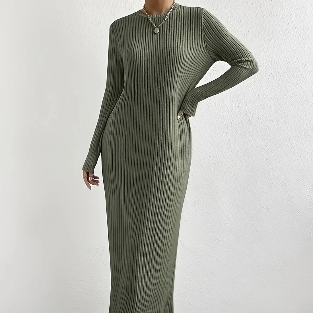 Women's Solid Color Ribbed Round Neck Long Sleeved Straight Tube Dress Lady T Fashions