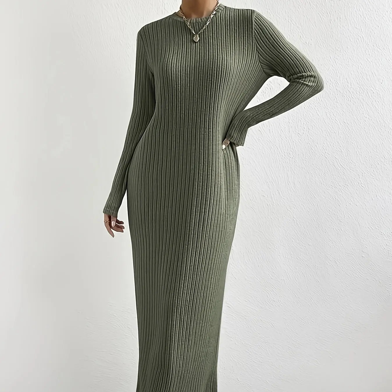 Women's Solid Color Ribbed Round Neck Long Sleeved Straight Tube Dress Lady T Fashions