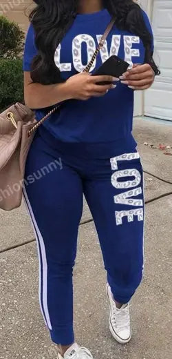 Letter Graphic Tee & Contrast Side Seam Sweatpants Lady T Fashions
