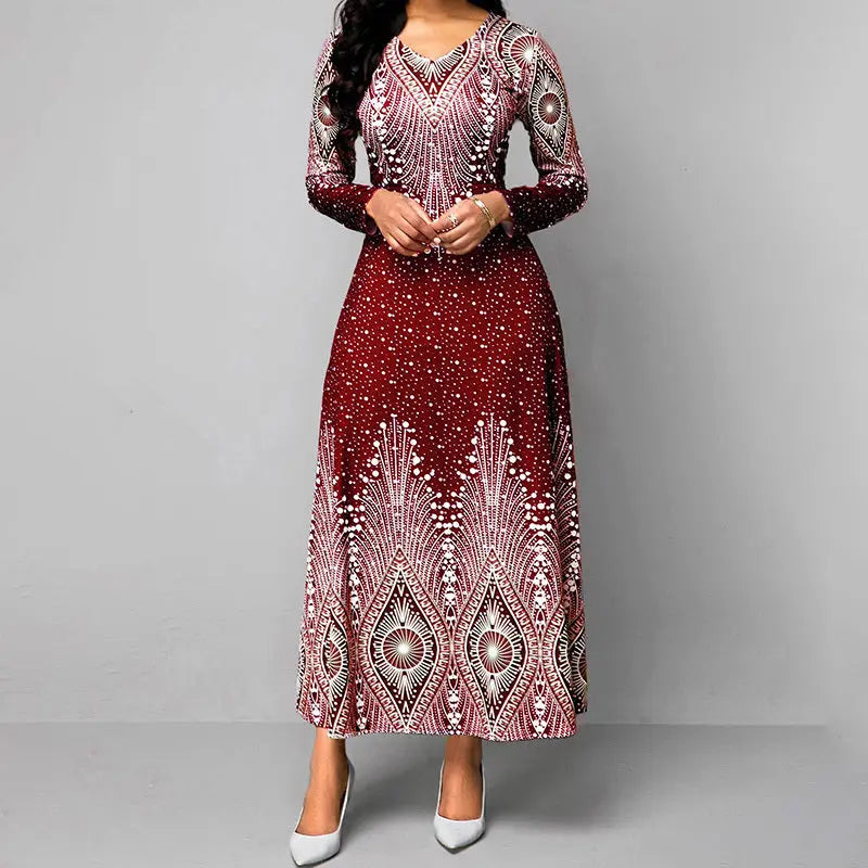 Women's Plus Size Elegant V-Neck Long Sleeve A-Line Dress With Starry Sky Print, Slim-Fit Flowy Maxi Dress For Holiday & Party Wear Lady T Fashions