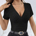 Women's V-neck Cross Wrapped Chest Design Ribbed Solid Color Versatile Sexy Style Knitted Sweater Lady T Fashions