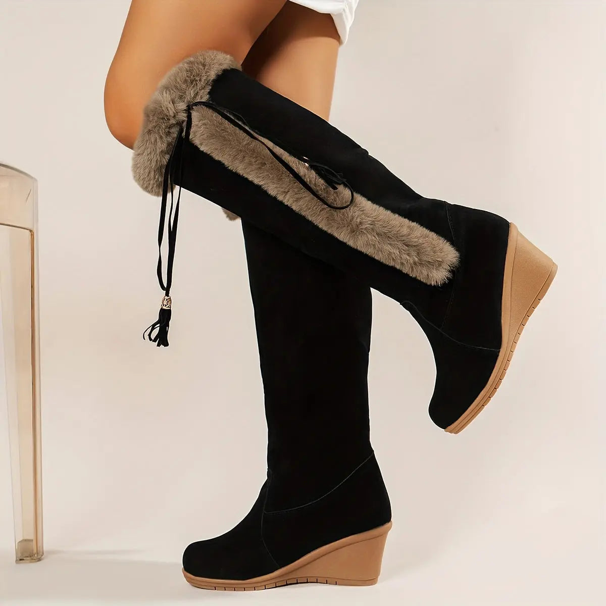 Women's Wedge Knee High Snow Boots, Plush Comfy Lace Up Round Toe Shoes, Winter Thermal Shoes Lady T Fashions