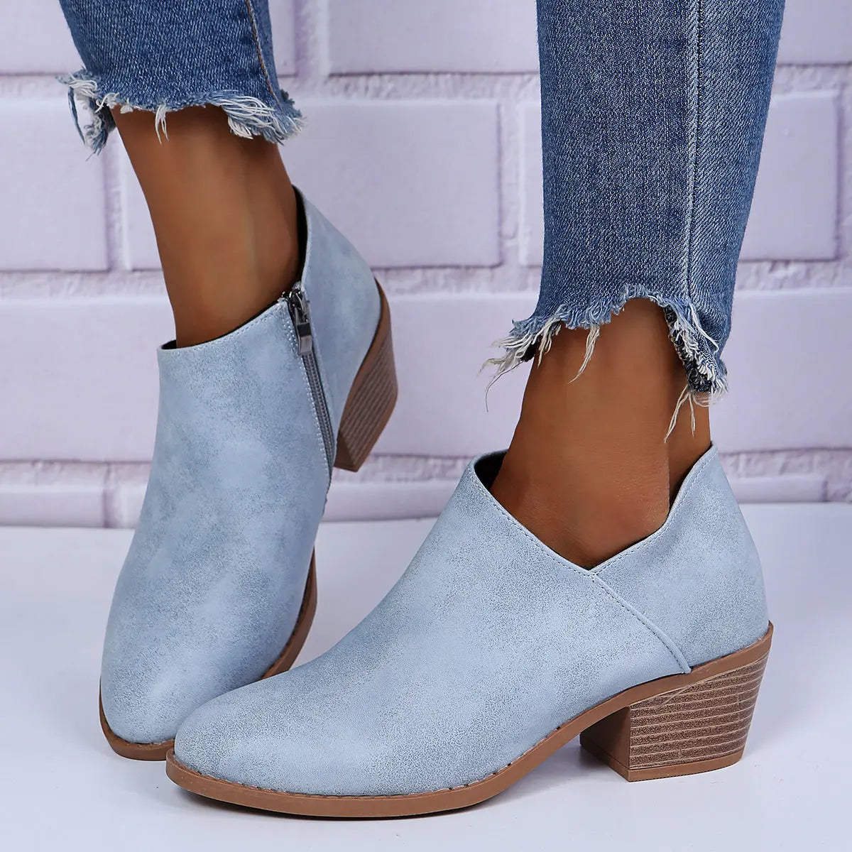 Ankle Stacked Heel Women's Short Boots with V Cut Side Zipper and Non Slip Sole Lady T Fashions