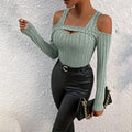 Women's Ribbed Long Sleeve Top Cut Out Front Detail Fitted Sexy Tee Casual Dressy T-Shirt Tops Lady T Fashions