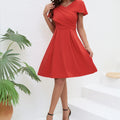 Women's Solid Color Pleated V-neck Slim Fit Waist Cinched A-line Dress Lady T Fashions