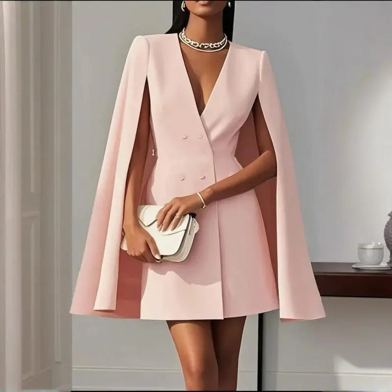 Women's Elegant Solid Color V Neck Double-Breasted Cape Blazer Dress Spring & Summer Party Banquet Outfit Lady T Fashions