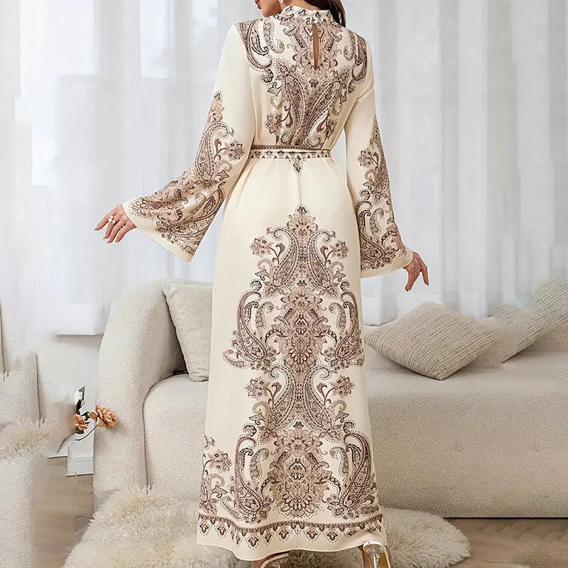 Women's Vintage High-Neck Floral Maxi Dress Loose Long Sleeve, Adjustable Waist Belt, Middle Eastern Inspired Holiday Dress Ankle-Length Gown Lady T Fashions