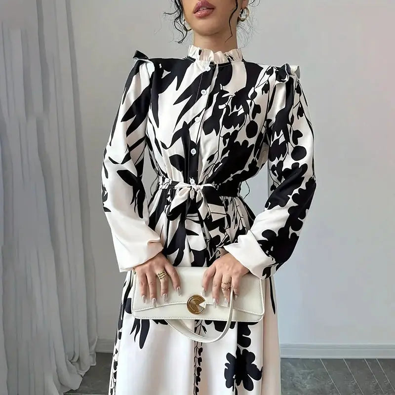 Women's Floral Print Long Sleeve Maxi Dress - Stand Collar A-Line Dress With Waist Detail, Lantern Sleeves & Ruffle Hem For Spring&Fall Lady T Fashions