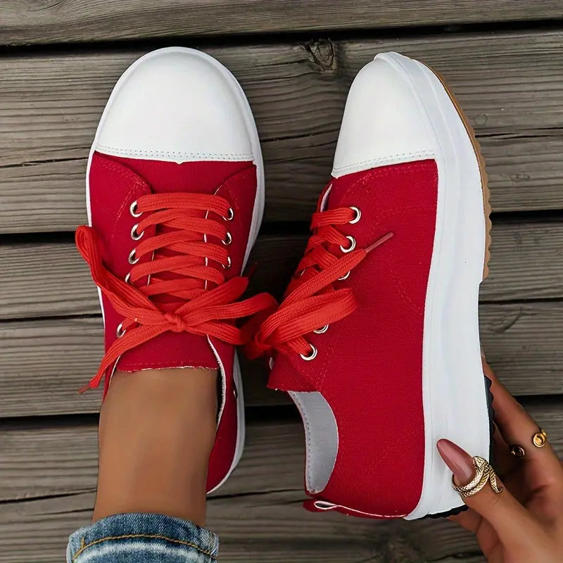 Women's Chunky Canvas Shoes, Non Slip Lace Up Casual Sneakers, Thick Sole Running Sports Shoes Lady T Fashions
