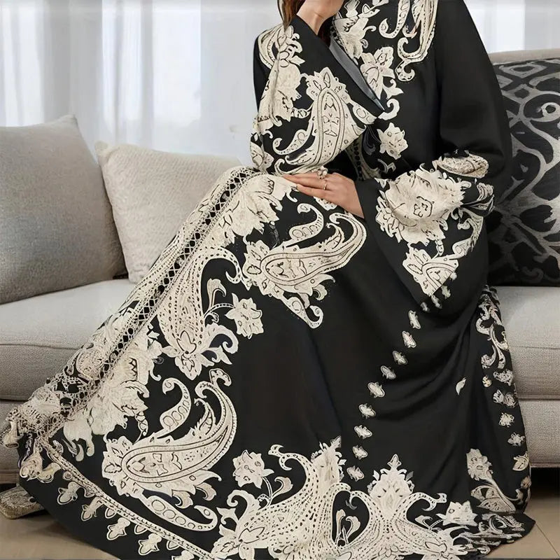 Women's Vintage High-Neck Floral Maxi Dress Loose Long Sleeve, Adjustable Waist Belt, Middle Eastern Inspired Holiday Dress Ankle-Length Gown Lady T Fashions