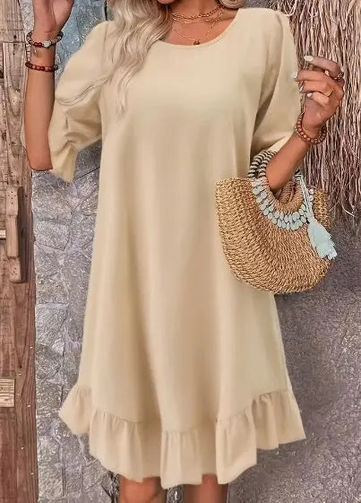 Solid Ruffle Hem Flounce Sleeve Dress Lady T Fashions