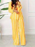 [Two-piece Set Long Sleeve Shirt] Striped Print Two-piece Set, Button Front Collar Long Sleeve Shirt & High Waist Wide Leg Loose Pants Set, Women's Clothing Lady T Fashions