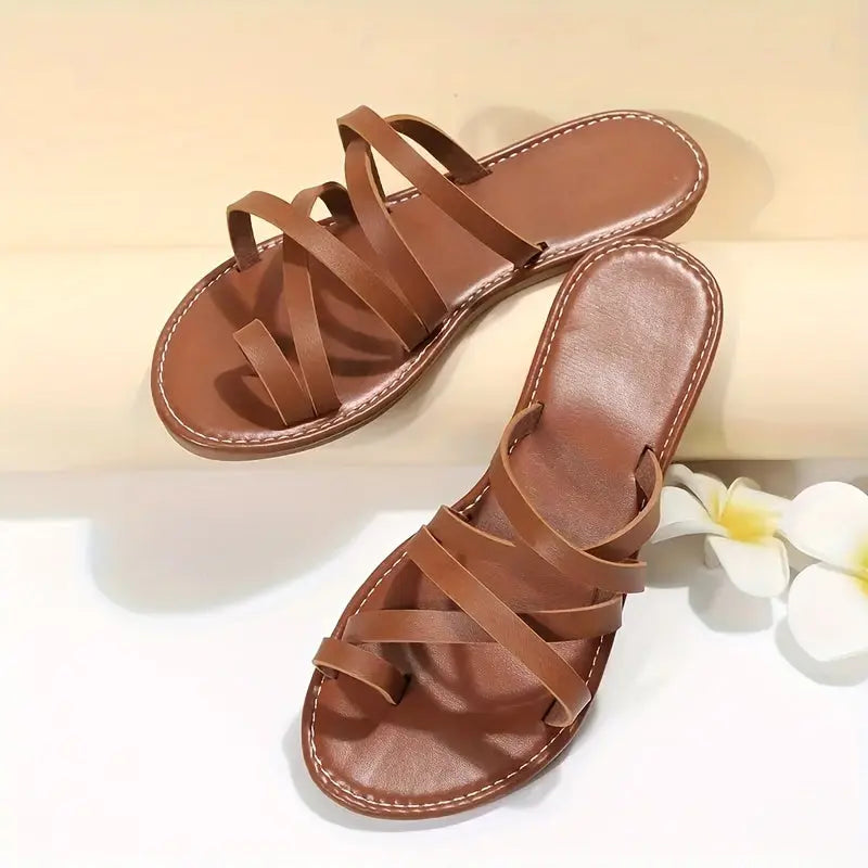 Women's Toe Loop Slide Sandals, Casual Cross Strap Slip On Flats, Lightweight Beach Shoes Lady T Fashions