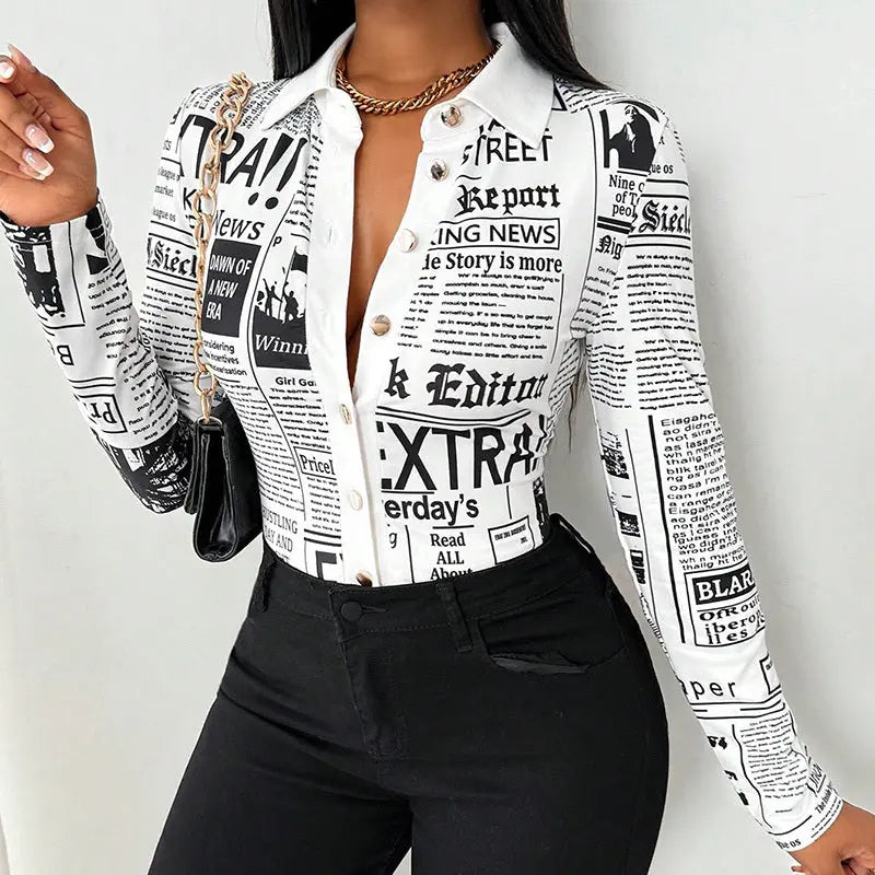 Women's Long Sleeve Casual Shirt - Spring&Fall Slim Fit Printed Blouse With Single Button Placket Lady T Fashions