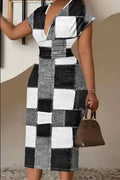 Short Sleeve Elegant Patchwork Print V Neck Dress For Spring & Summer, Women's Clothing Lady T Fashions