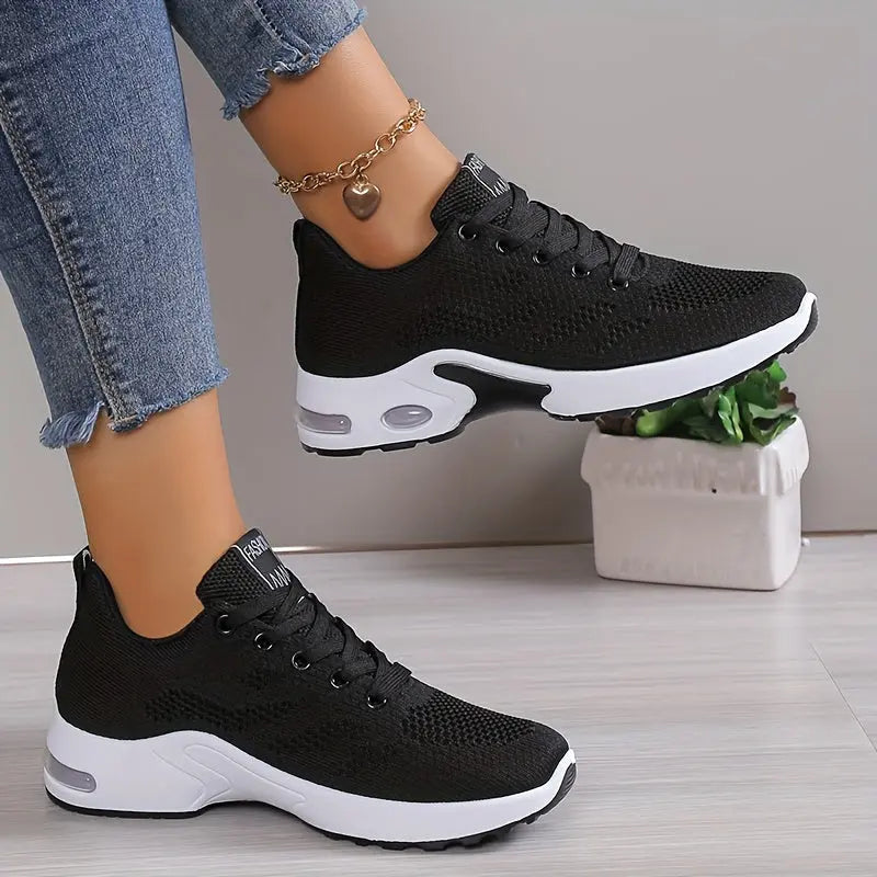 Plus Size Women's Comfortable Air Cushion Low Top Running Sneakers, Lace Up Knitted Outdoor Athletic Shoes Lady T Fashions