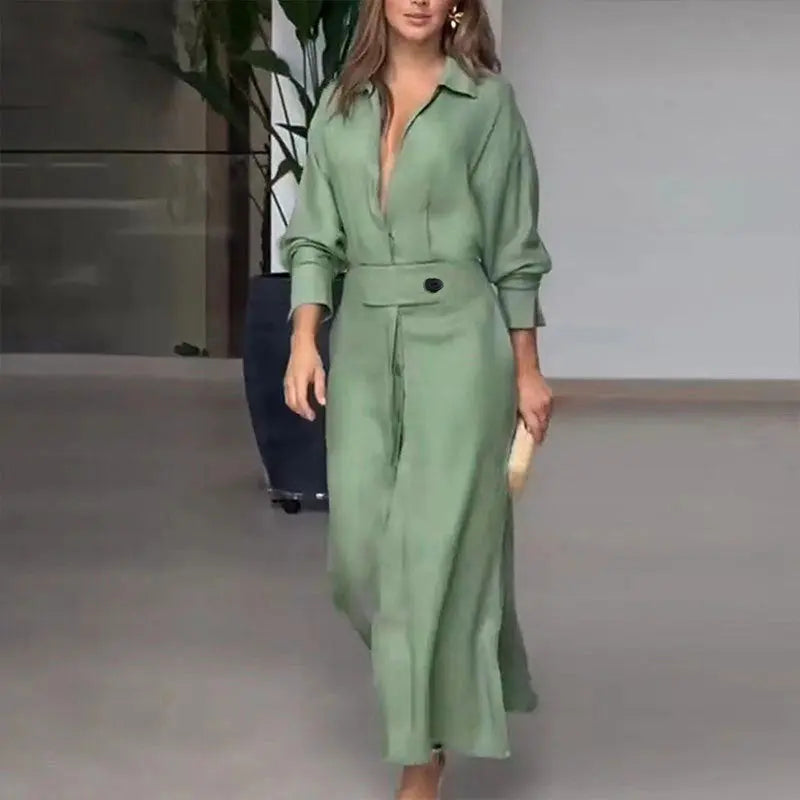 Women's Elegant Tied Solid Color Waisted Long-sleeved Shirt Dress Lady T Fashions
