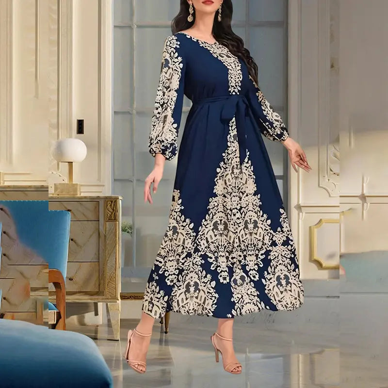 Women's Bohemian Floral Print Dress Ethnic Middle Eastern Style Long Sleeve Tiered Maxi Dress With Drawstring Waist Lady T Fashions