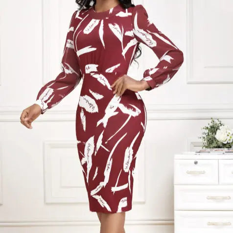Ladies' Fashionable Round Neck Printed Fashionable Casual Slimming Bag Hip Dress Elegant And Directional Lady T Fashions