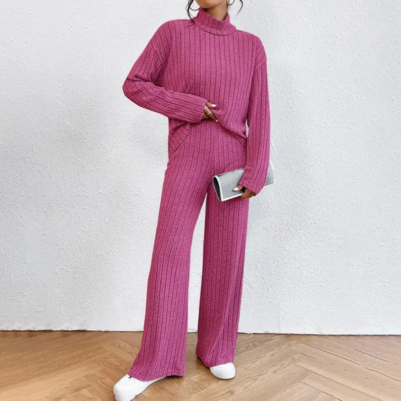 Women's Solid Color 2-Piece Set High Neck Long Sleeve Top & Pants, Striped Loungewear For Fall&Winter Lady T Fashions
