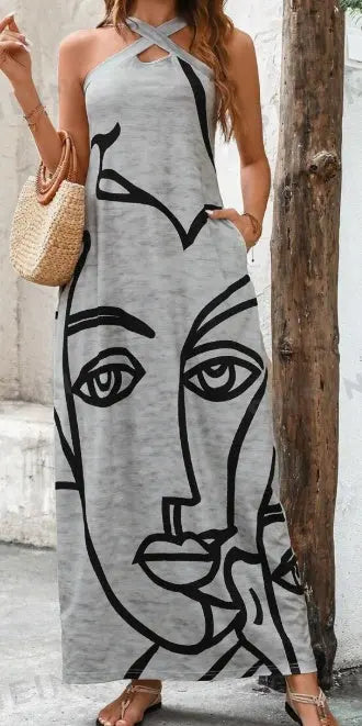 Women Summer Casual Vacation V-Neck Straight Dress, With Side Pockets, Stripes And Face Print Pattern Lady T Fashions