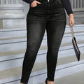 Plus Size Women's High-Waisted Stretch Skinny Jeans - 250-300 lbs Weight Capacity, Deep Black Heavy-Duty Stretch Fabric (Elastic) Pencil Pants, Beltless All-Season Slim Fit Jeans with Button Closure, Machine Washable Elegant Lady T Fashions