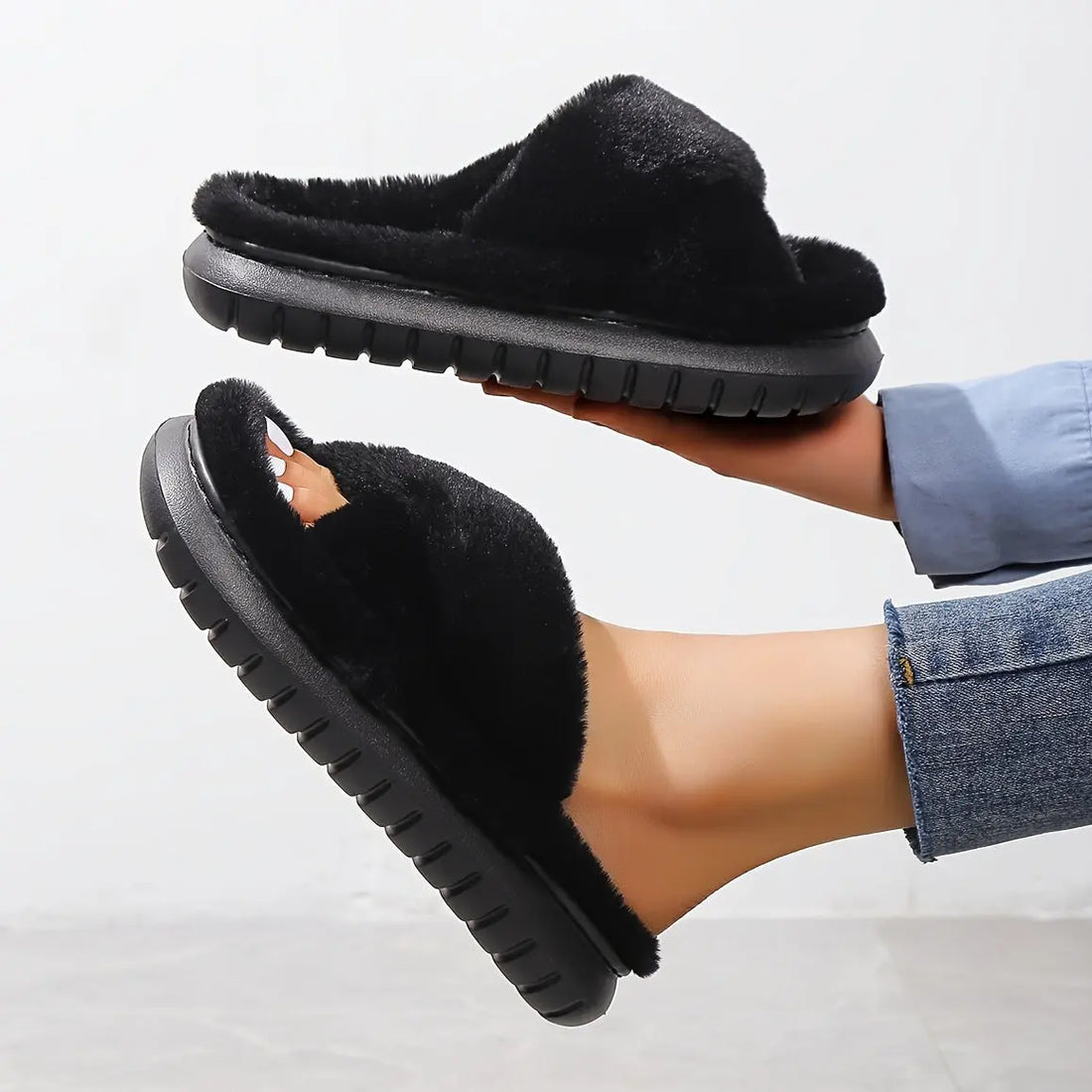 Women's Platform Fuzzy House Slippers, Open Toe Criss Cross Solid Color Casual Home Slides, Women's Indoor Flat Comfy Shoes Lady T Fashions