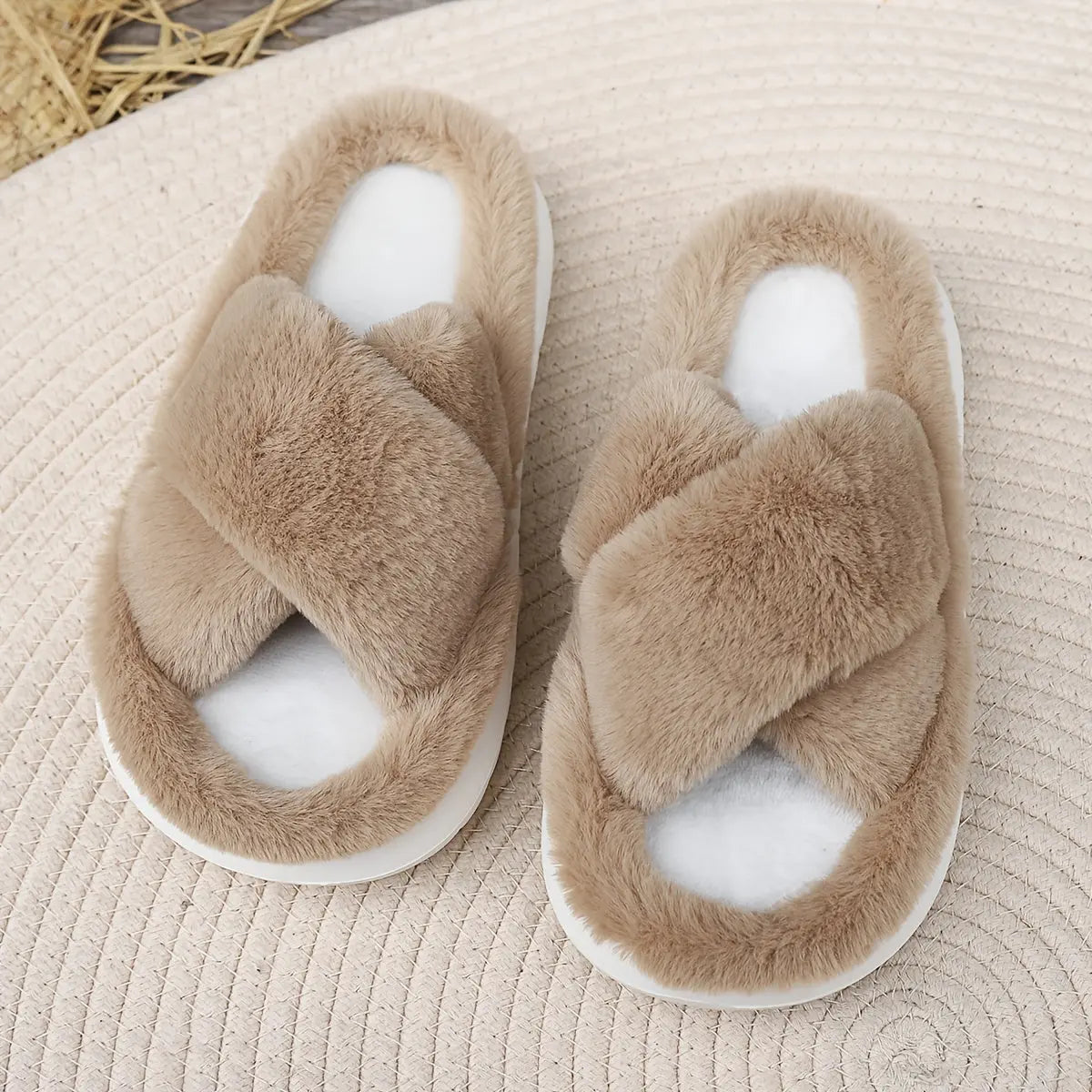 Women's Platform Fuzzy House Slippers, Open Toe Criss Cross Solid Color Casual Home Slides, Women's Indoor Flat Comfy Shoes Lady T Fashions