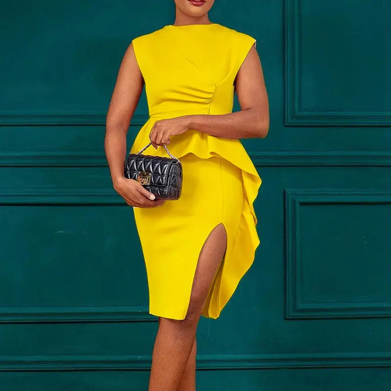 Women's Elegant Ruffle Sleeveless Bodycon Formal Party Cocktail Pencil Midi Dress Lady T Fashions