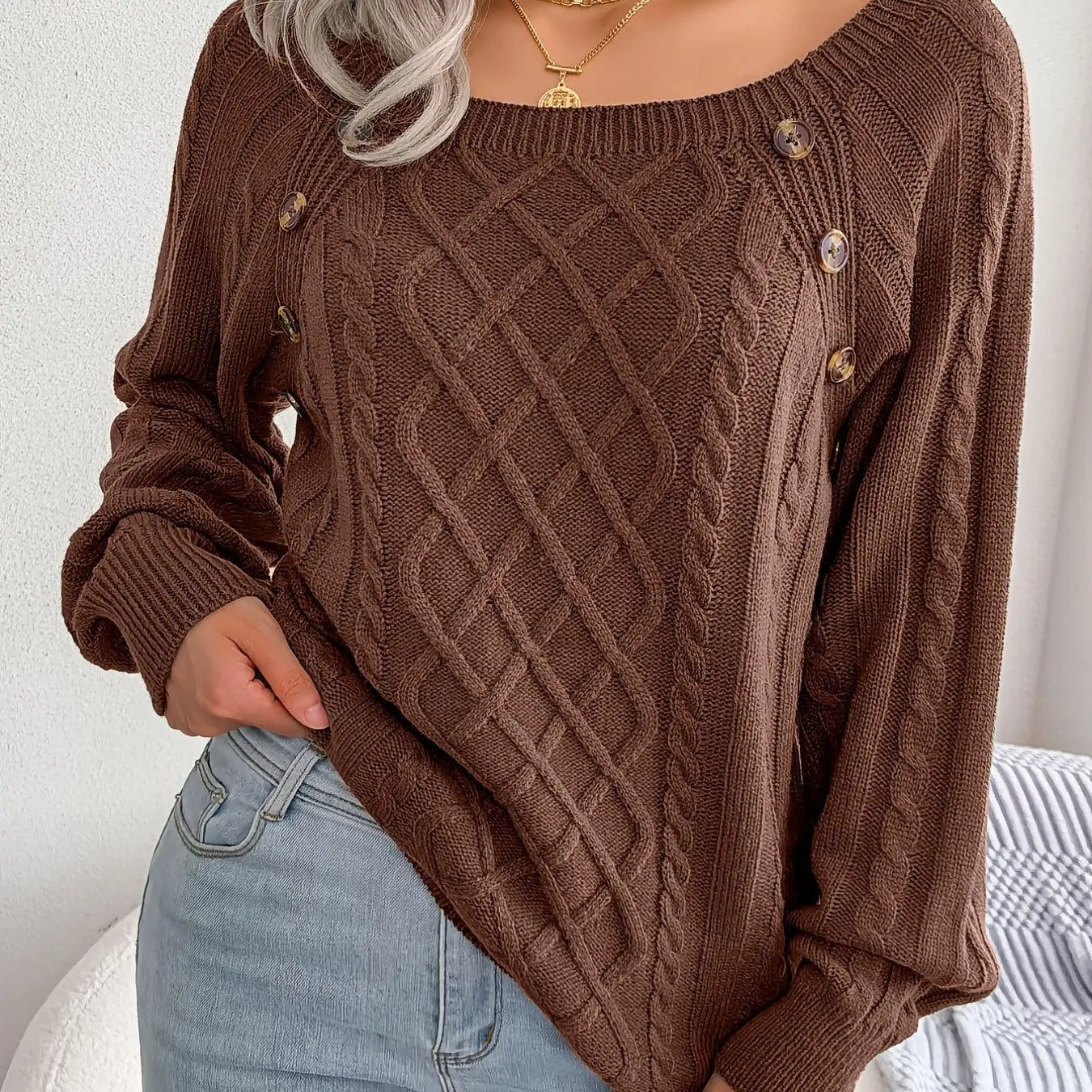 Texture Button Lantern Sleeve Sweater - Women's Round Neck Sweater Lady T Fashions