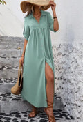 Women's Solid Color Roll-Up Sleeve Long Shirt Dress With Front Buttons, Holiday Leisure Style Lady T Fashions