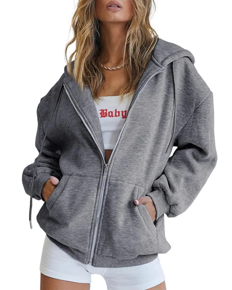 Women's Fashion Casual Solid Color Drawstring Zipper Hooded Sweatshirt Lady T Fashions