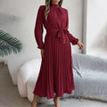 Elegant High Neck Long Sleeve Pleated Maxi Dress - Solid Color Flowy Dress For Women, Casual To Formal Wear Lady T Fashions