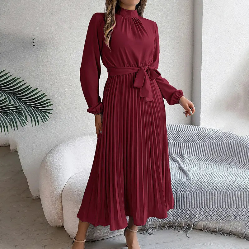 Elegant High Neck Long Sleeve Pleated Maxi Dress - Solid Color Flowy Dress For Women, Casual To Formal Wear Lady T Fashions