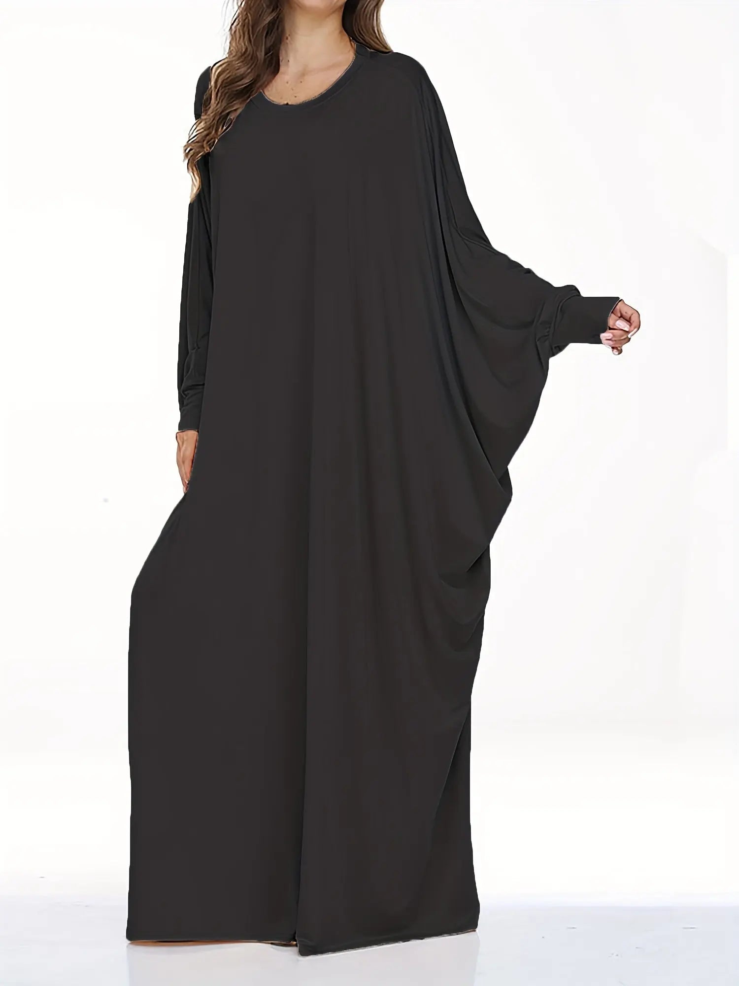 Elegant Long-Sleeve Batwing Tunic Dress for Plus Size Women - Loose Fit, Polyester, Solid Brown, All-Season Wear, Pullover Style, Comfortable Sandals, Plus Size Clothing | Elegant Tunic Dress | Polyester Fabric Lady T Fashions