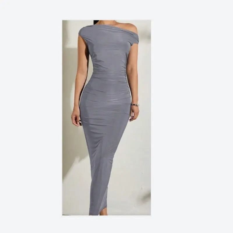 Summer New Elegant Party Daily Date Oblique Shoulder One-Shoulder Off-Shoulder Front Pleated Slim Long Skirt Wavy Texture  White Women's Dress Lady T Fashions
