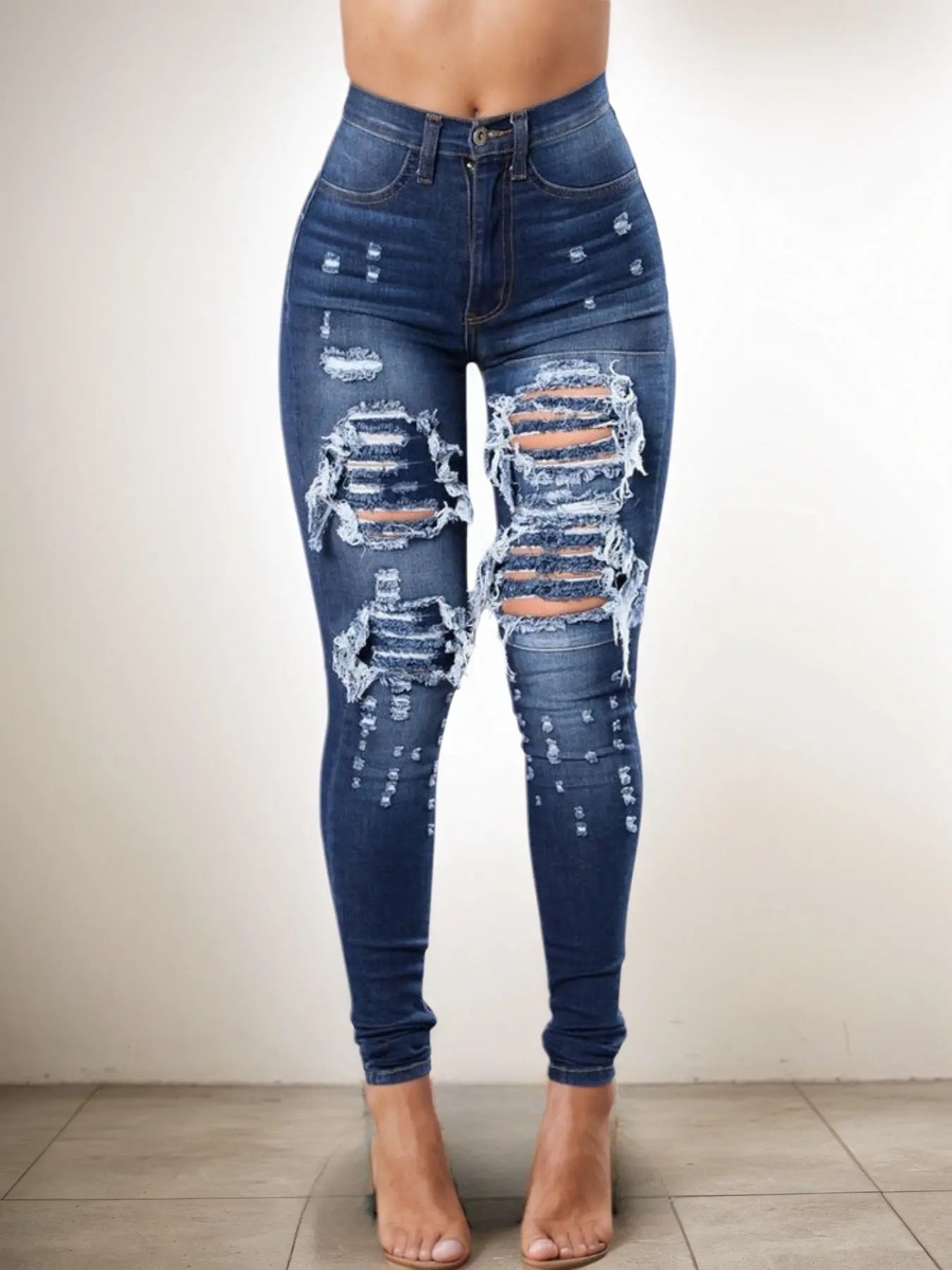 Versatile Women's High Waisted Elastic Ripped Tight Jeans, High-quality, Easy To Fit, Comfortable And Fashionable - Street Style Sexy Basic Jeans, Women's Jeans And Clothing Lady T Fashions