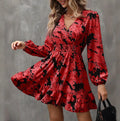 Women's Elegant Printed Lantern Sleeve A-Line Dress V-Neck, Ruffled Gathered Waist Detail, Flowy Midi Dress For Casual & Formal Occasions Lady T Fashions