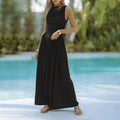 Womens Sleeveless Maxi Long Dress Summer Crew Neck Ruched Pleated Flowy Dress Lady T Fashions