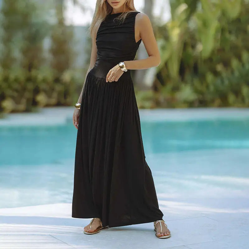 Womens Sleeveless Maxi Long Dress Summer Crew Neck Ruched Pleated Flowy Dress Lady T Fashions