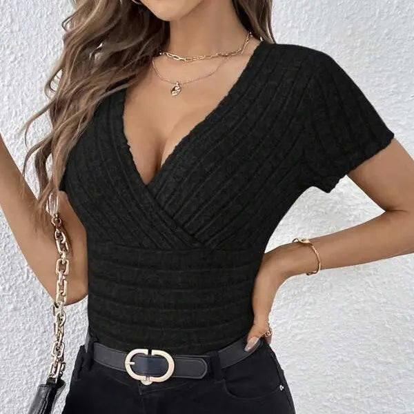 Women's V-neck Cross Wrapped Chest Design Ribbed Solid Color Versatile Sexy Style Knitted Sweater Lady T Fashions