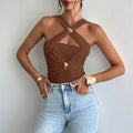 Women's Criss Cross Halter Bodysuit Ring Cut Out Sleeveless Fitted Leotard Tops Lady T Fashions
