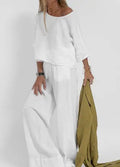 Women's Cotton And Linen Casual Cropped Sleeves Wide-leg Pants Suit Lady T Fashions