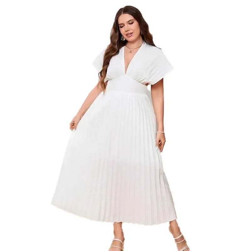V-neck Sexy Bat Sleeve Slim-fit Pleated A- Line Dress Lady T Fashions