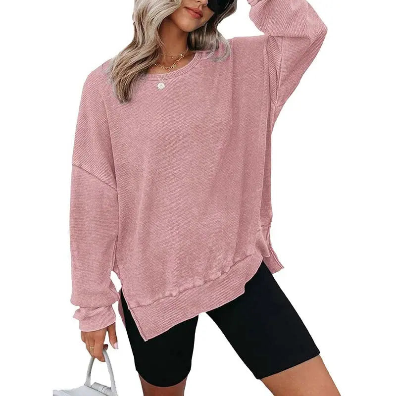 Womens Waffle Knit Crewneck Sweatshirts Long Sleeve Side Slits Casual Pullover Sweatshirt Tops Lady T Fashions