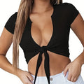 Ladies' New Casual Vacation Style Solid Color Chest Tie Fashion T-shirt Lady T Fashions