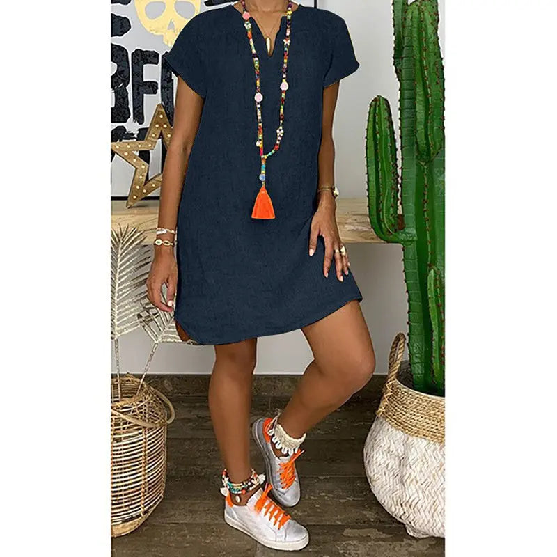 Womens Summer Casual Solid Color V Neck Short Sleeve Dresses Boho Beach Sundresses Lady T Fashions